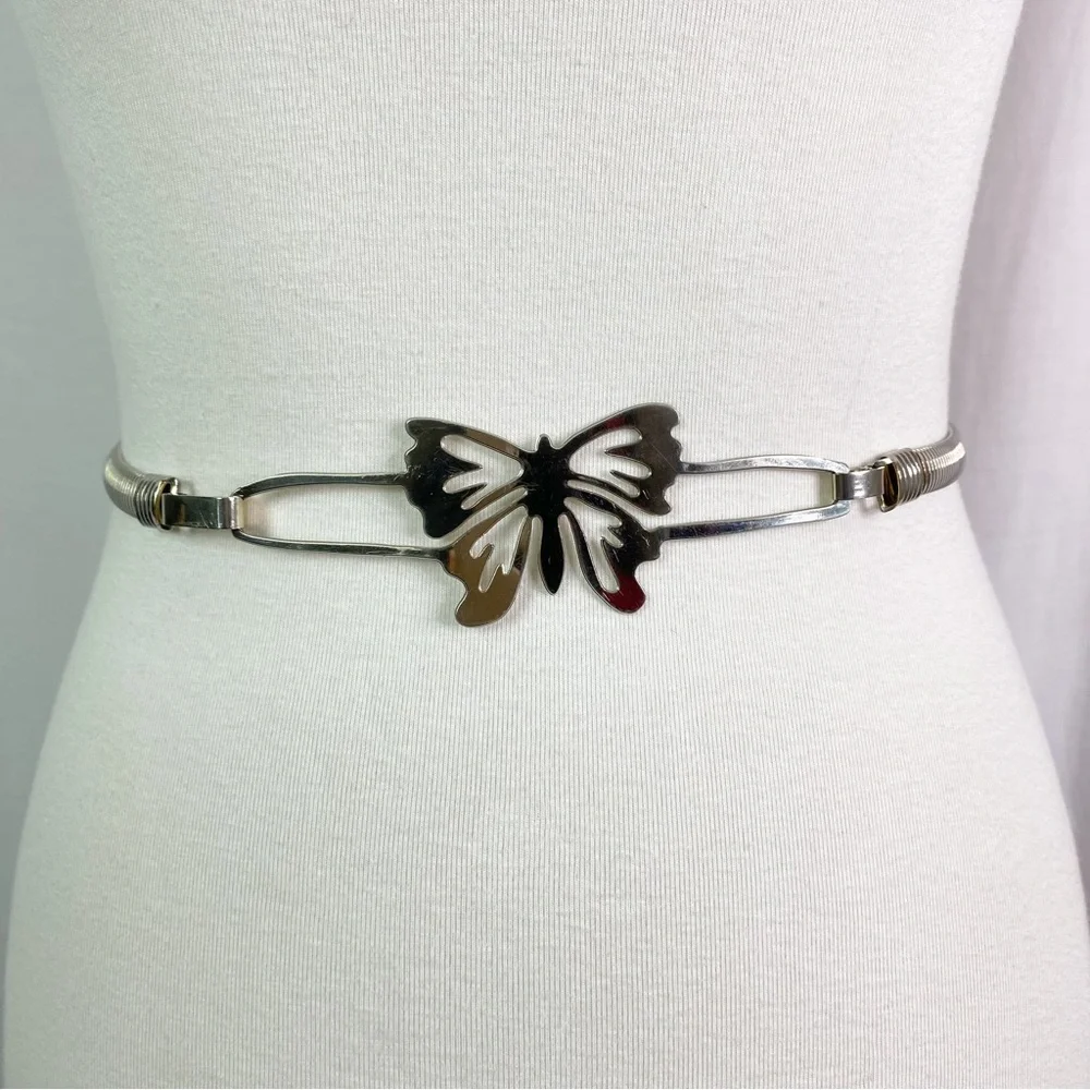 Vintage 70s Silver Butterfly Skinny Slinky Metal Chain Link Belt Sm